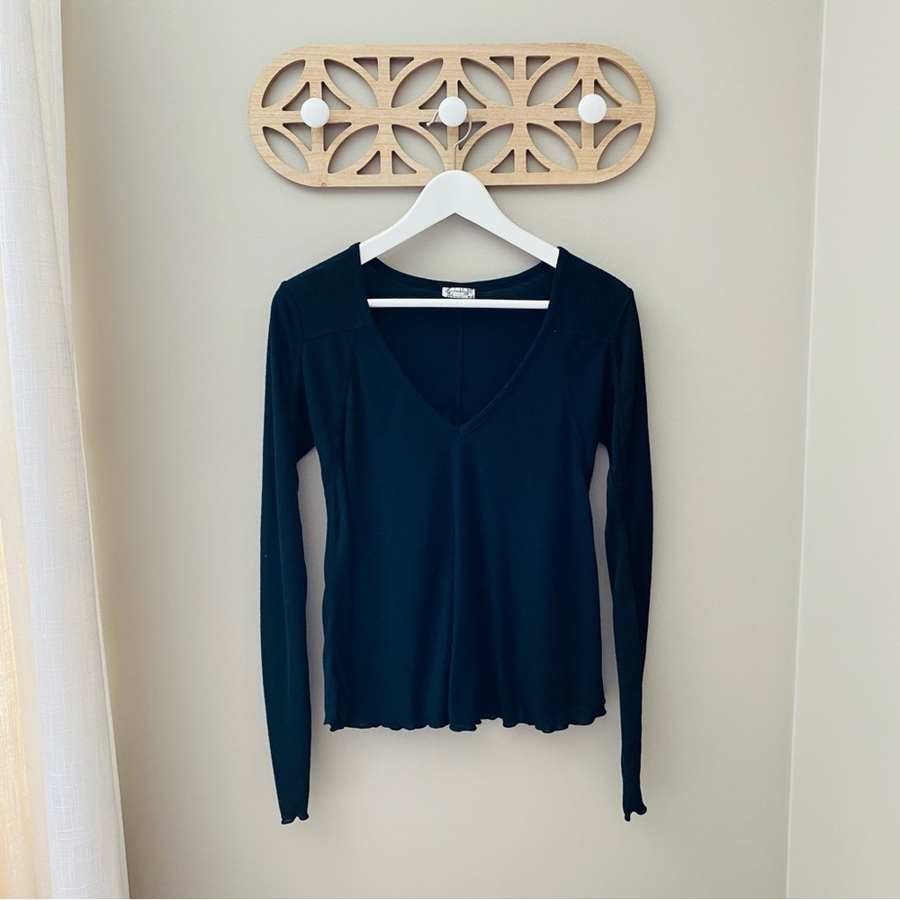 Free People Long Sleeve V-Neck Top Black Sz Xs